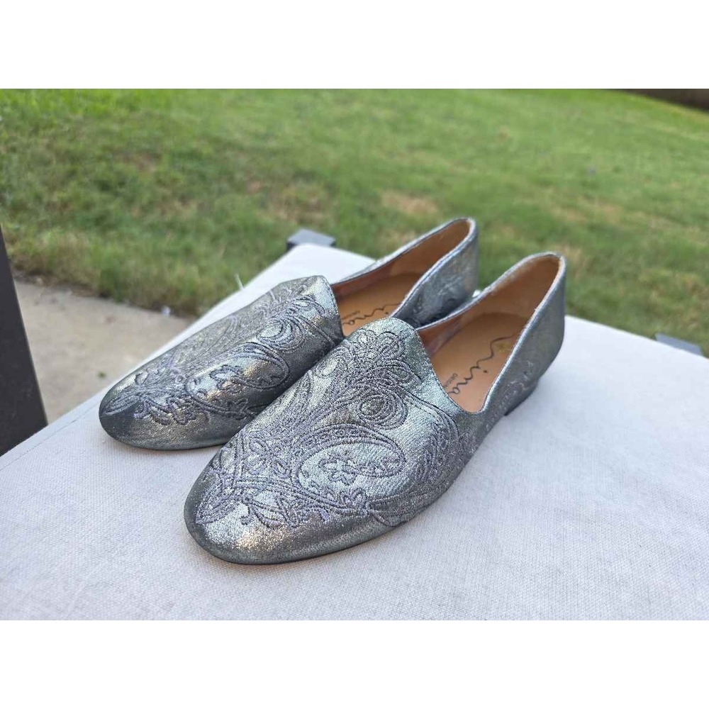 NINA Pewter Silver Embroidered Paisley Loafers Flats